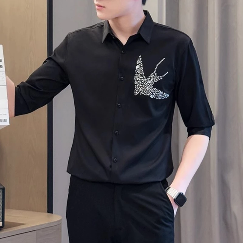

Luxury Swallow Rhinestone Men's Shirt High End Mid Sleeve Slim Fit Casual Shirt Social Nightclub Stage Performance Costumes