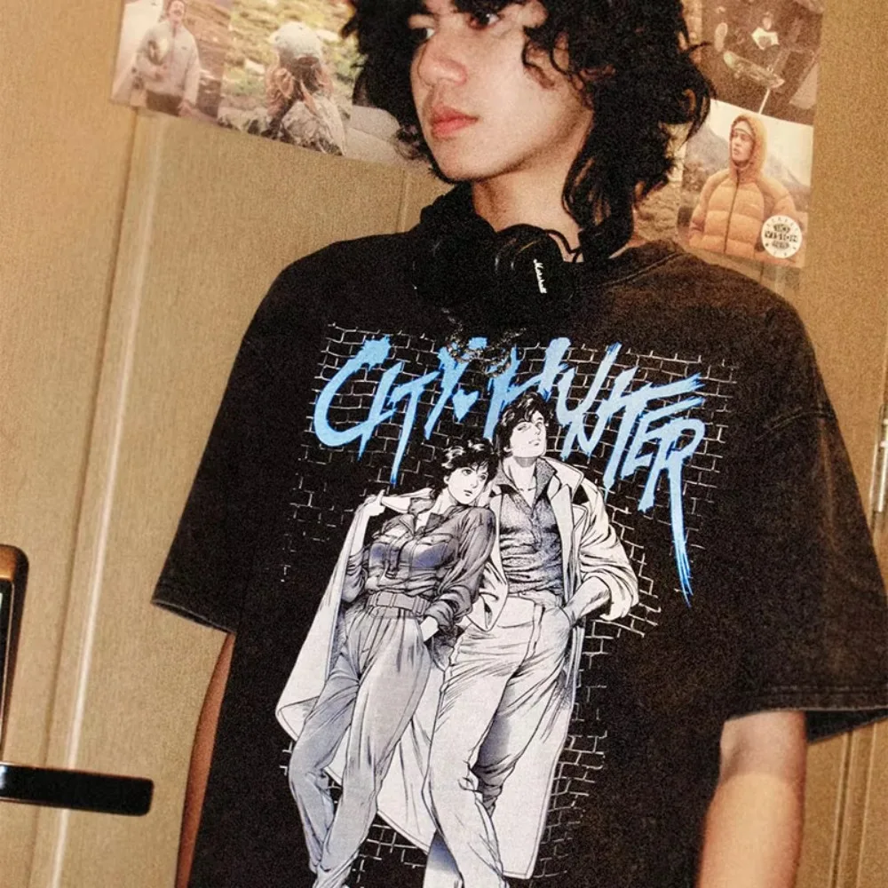City Hunter Retro Anime gewaschene Baumwolle lose übergroße Kurzarm-T-Shirt American Street Style für Männer Frauen Vintage T-Shirt