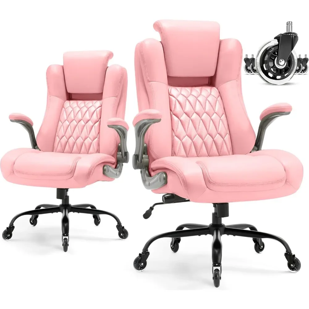 

High Back Office Chair- Lifting Headrest Flip Arms Built-in Adjustable Lumbar Support, Executive Computer Desk Chair