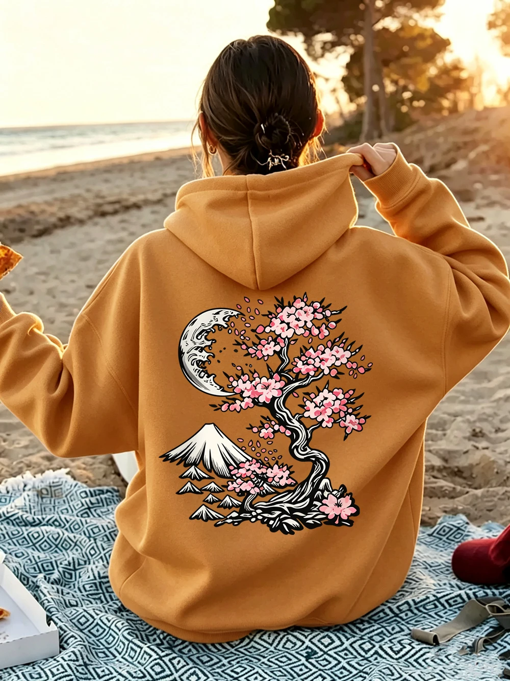Tokyo Cherry Fuji Mountain Prints Hoodie Women Comfortable Loose Sweatshirt Winter Fleece Warm Pullover Basics Pocket Clothes