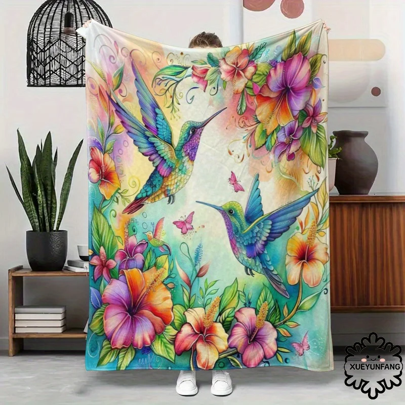Vibrant Hummingbird & Floral Flannel Blanket - Soft, Warm, and Lightweight, Perfect for Napping, Camping, Travel, Office