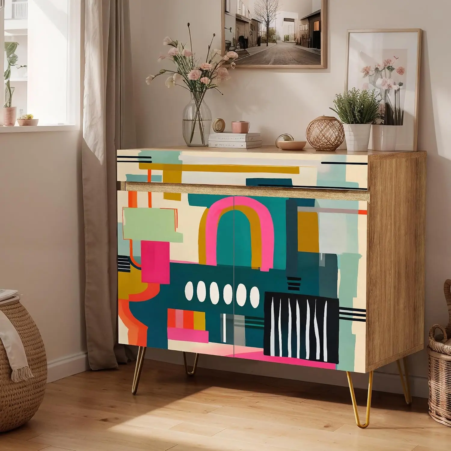 Colorful Geometric Sideboard Cabinet with 2 Doors, Kitchen Storage Cupboard Console for Dining Room, 35