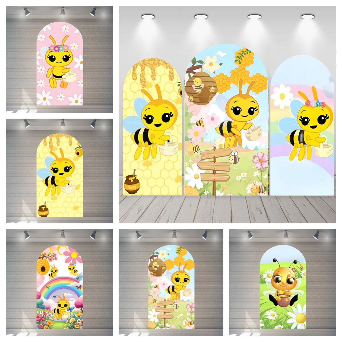 Cute Bee Theme Arch Backdrop Cover Custom Name Double Sided 