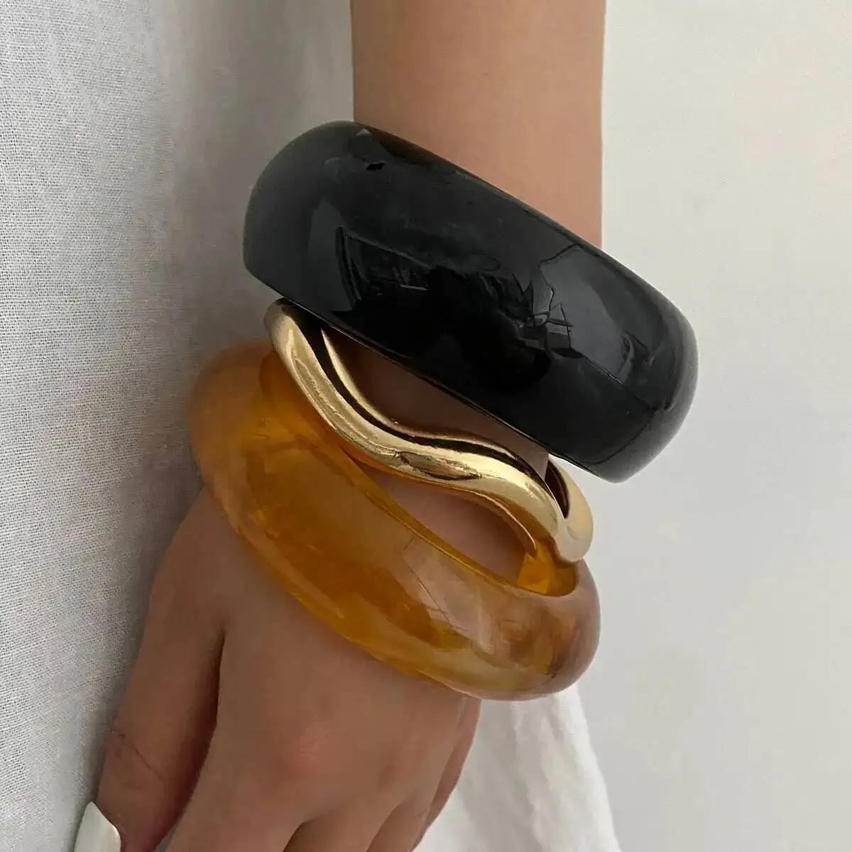 SHIXIN 3 Styles Punk Acrylic Resin Thick Wide Bangles for Women Trendy Irregular Geometry Stackable Bracelet Versatile Jewelry