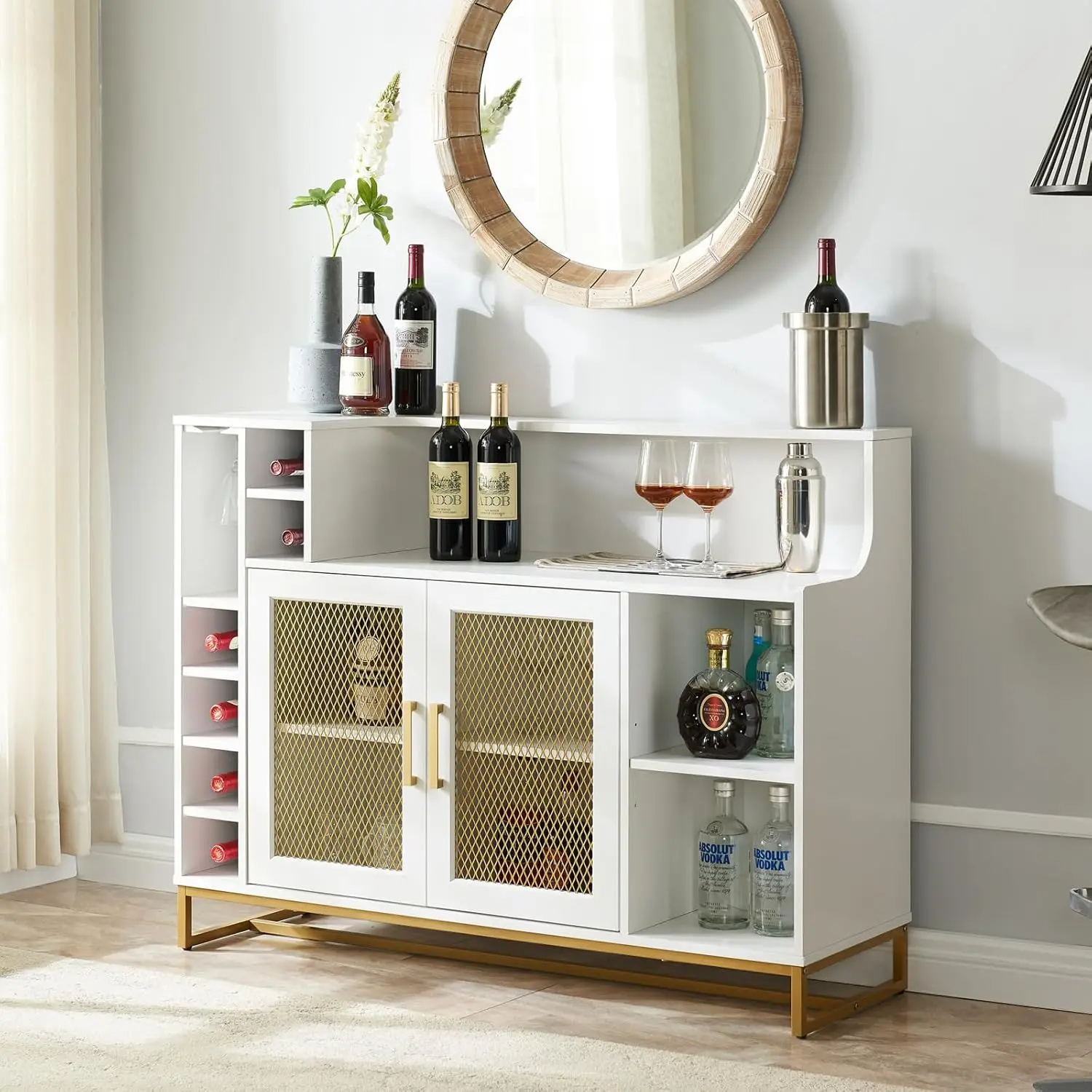 

Wine Bar Cabinet with Wine Rack, 51" Home Bar Furniture for Wine/Liquor/Alcohol, Whiskey Hutch Cabinet for Dinning Room, White