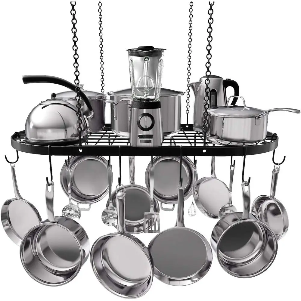 

Sturdy 33x17 Black Steel Pot Rack - 15 Hooks for Kitchen Storage & Organization