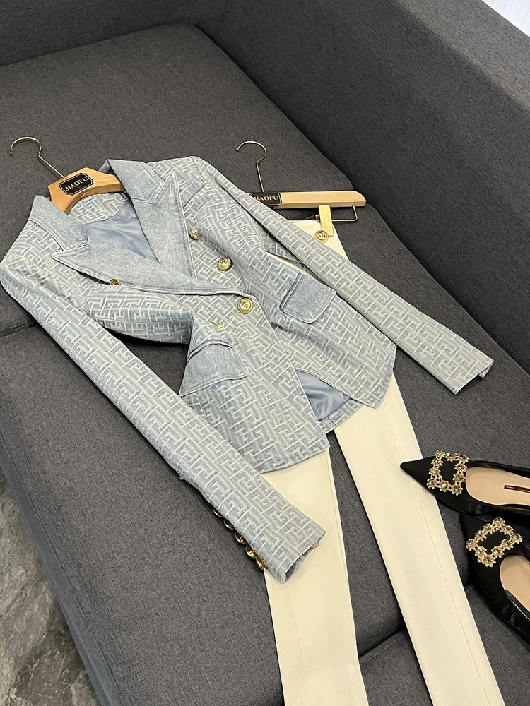 

Blue Double-breasted Lion Button Maze Pattern Denim Jaet Suit Women's Sle Commute Slim Fit Long Sve Formal Wear
