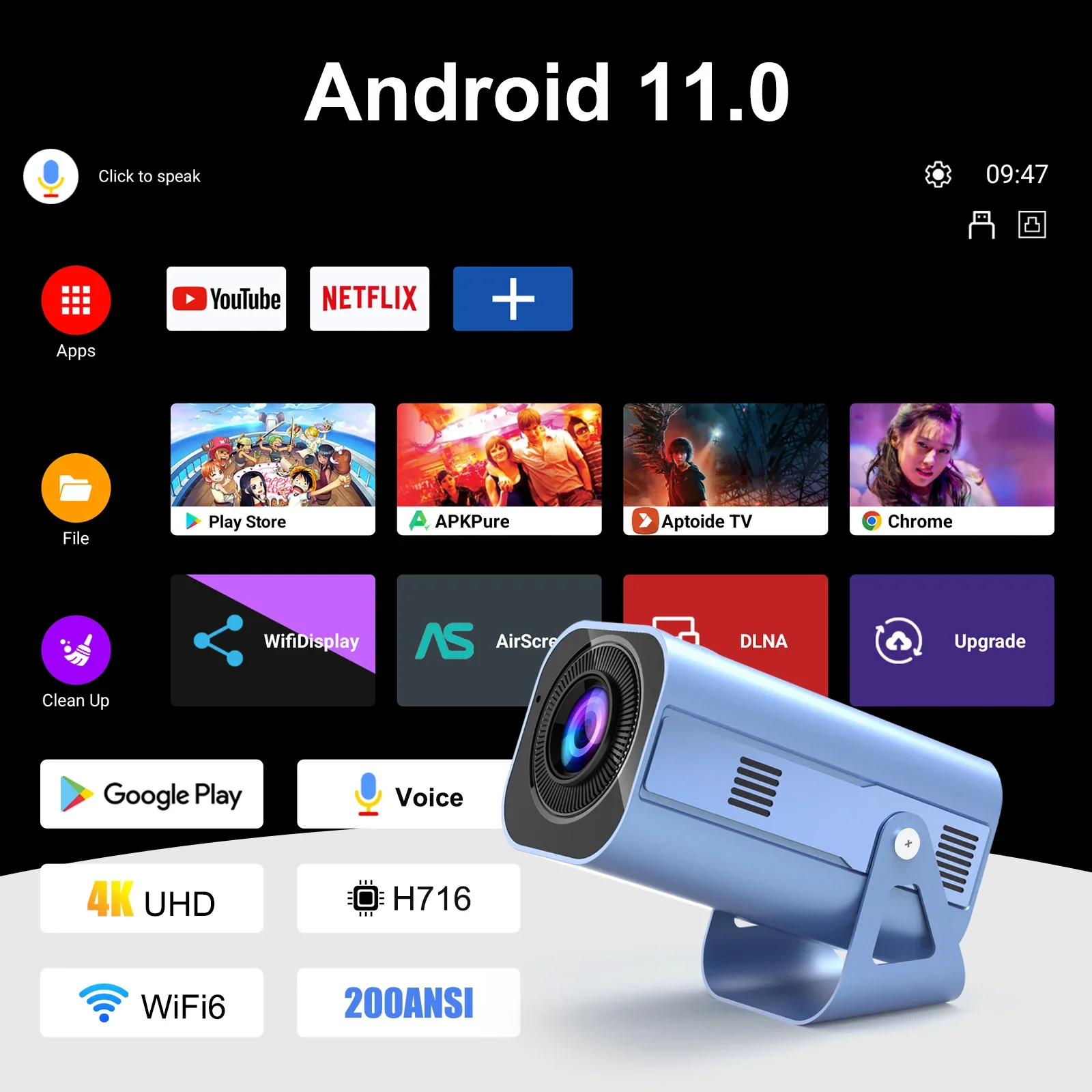 

Проектор H96 MAX B11 4K Android11 Dual Wi-Fi6 200ANSI Allwinner H716 2 ГБ 16 ГБ BT5.0 1080P 1280*720P Домашний кинотеатр Открытый проектор