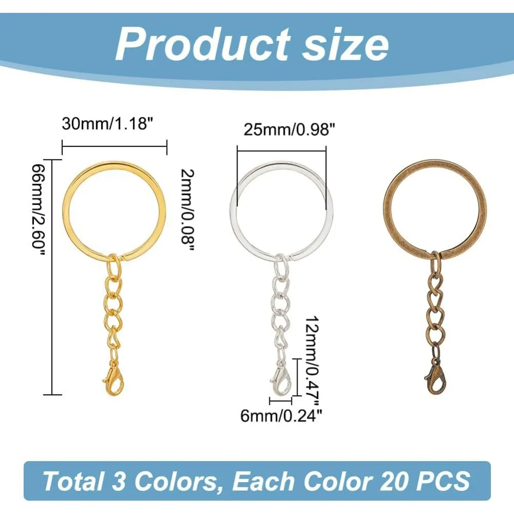 60pcs 3 Colors Key Chain Rings, 1.2'' Key Chain Rings Bulk with Jump Ring Chain Kit with Lobster Clasp Metal Split Key