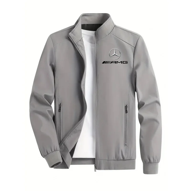 เสื้อแจ็คเก็ตฤดูใบไม้ผลิและฤดูใบไม้ร่วง เสื้อแจ็คเก็ตสปอร์ตคอตั้งคุณภาพสูงสำหรับผู้ชาย ลายพิมพ์นักบินมอเตอร์ไซค์เมอร์เซเดส-เบนซ์ ชุดทำงานสำหรับขี่มอเตอร์ไซค์