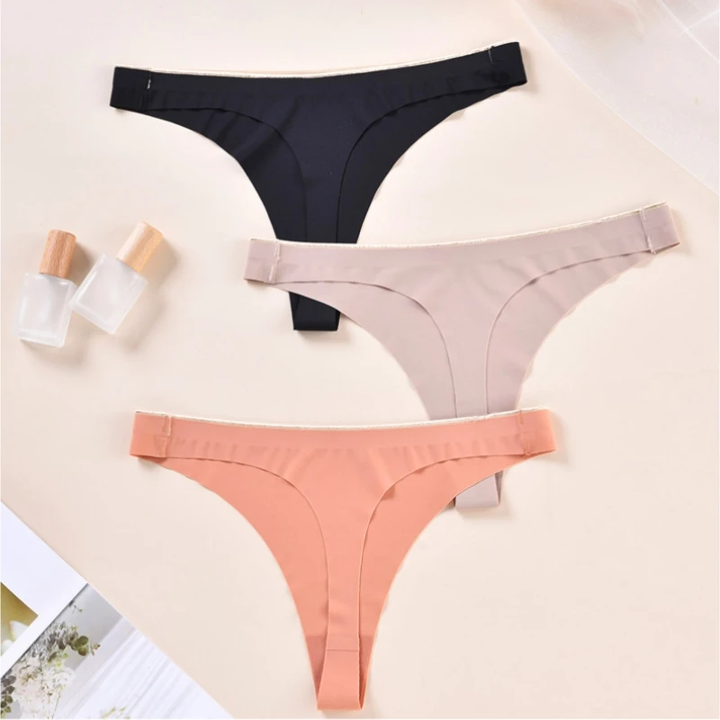 

3PCS Women Panties Sexy Thongs Seamless Briefs Solid Color Lingerie Smooth Underpants Soft Intimates Ice Silk G-string Underwear