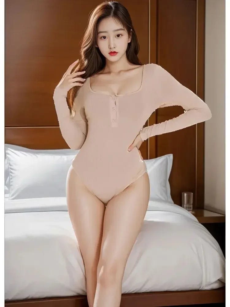 Body grande con cuello en U y botones en la entrepierna abierta, traje de baño de manga larga, medias, peluches sexis para el cuerpo, ropa para discoteca, camiseta, ropa de calle informal, Tops