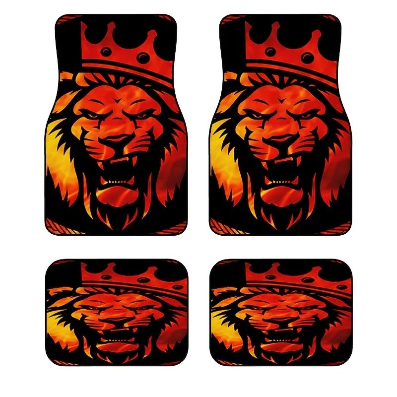 4 alfombrillas para el suelo del coche con corona roja y Rey León | Patrón de llama, antideslizante y resistente a la suciedad, ajuste universal para automóviles, camiones y SUV -