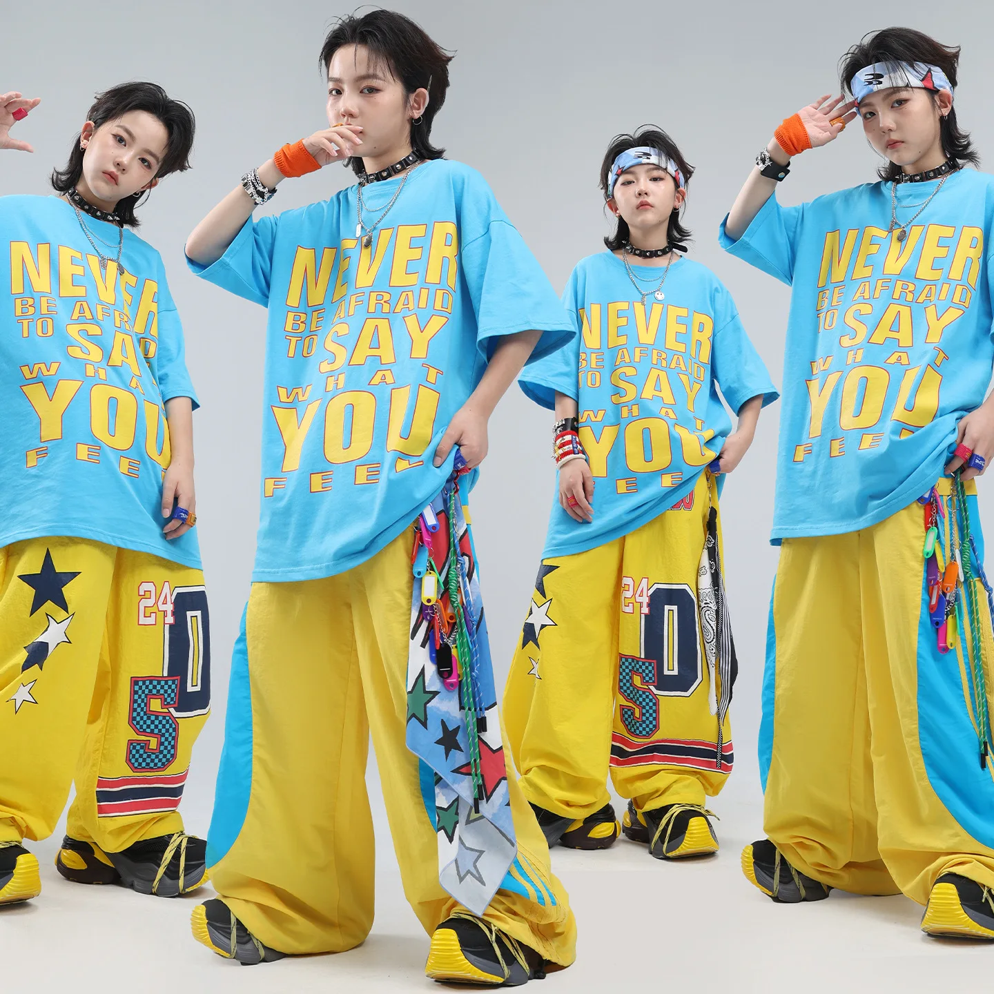 Kids Hip Hop Streetwear Set Blue Yellow Oversized T-Shirt and Baggy Pants Suit Girls Boys Jazz Dance Stage Performance Outfit
