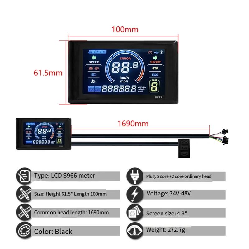 

S966 Electric Bike LCD Display Meter+48V-72V/60A 18 Tube Sine Wave Controller E Scooter LCD Panel For Mountain Ebike Black ABS