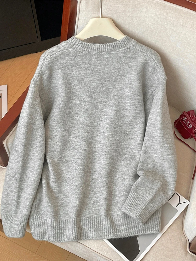 Women's Grey Pullover Long Sleeve Sweater with Star Harajuku Aesthetic Y2k Knitted Cashmere Sweater Vintage 2000s Clothes Autumn