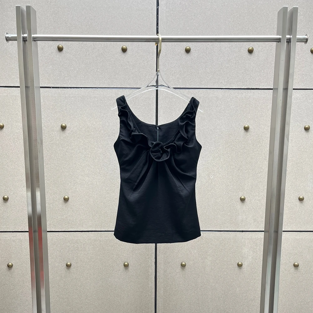 Women Ruffle Floral Sleeveless Tank Top Elegant Ruched Hollow Camisole Slim Solid Back Zip Vest Summer Daily Party Fitted Blouse