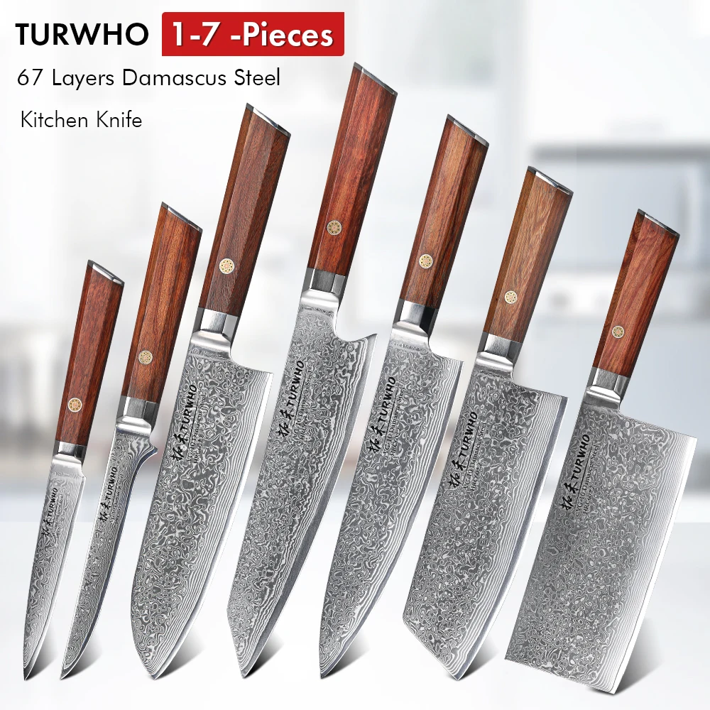 TURWHO 1-7PCS Kitchen Knife Set Japanese Forged Damascus Steel Santoku Knives Pro Stainless Steel Chef Knife Set Rosewood Handle