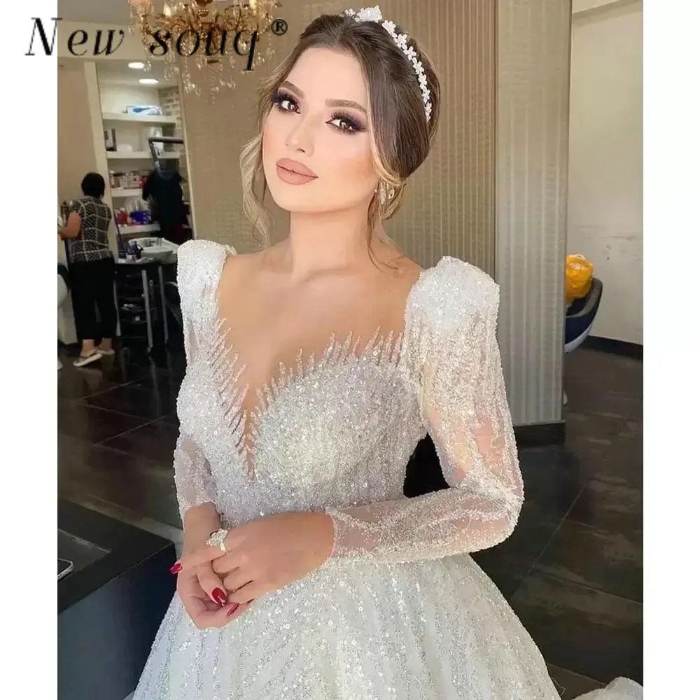 Arabic Sparkling Sequins Long Sleeves Wedding Dresses 2023 Dubai Muslim A Line Sexy Backless Bridal Gowns Shiny Robes De Mariee