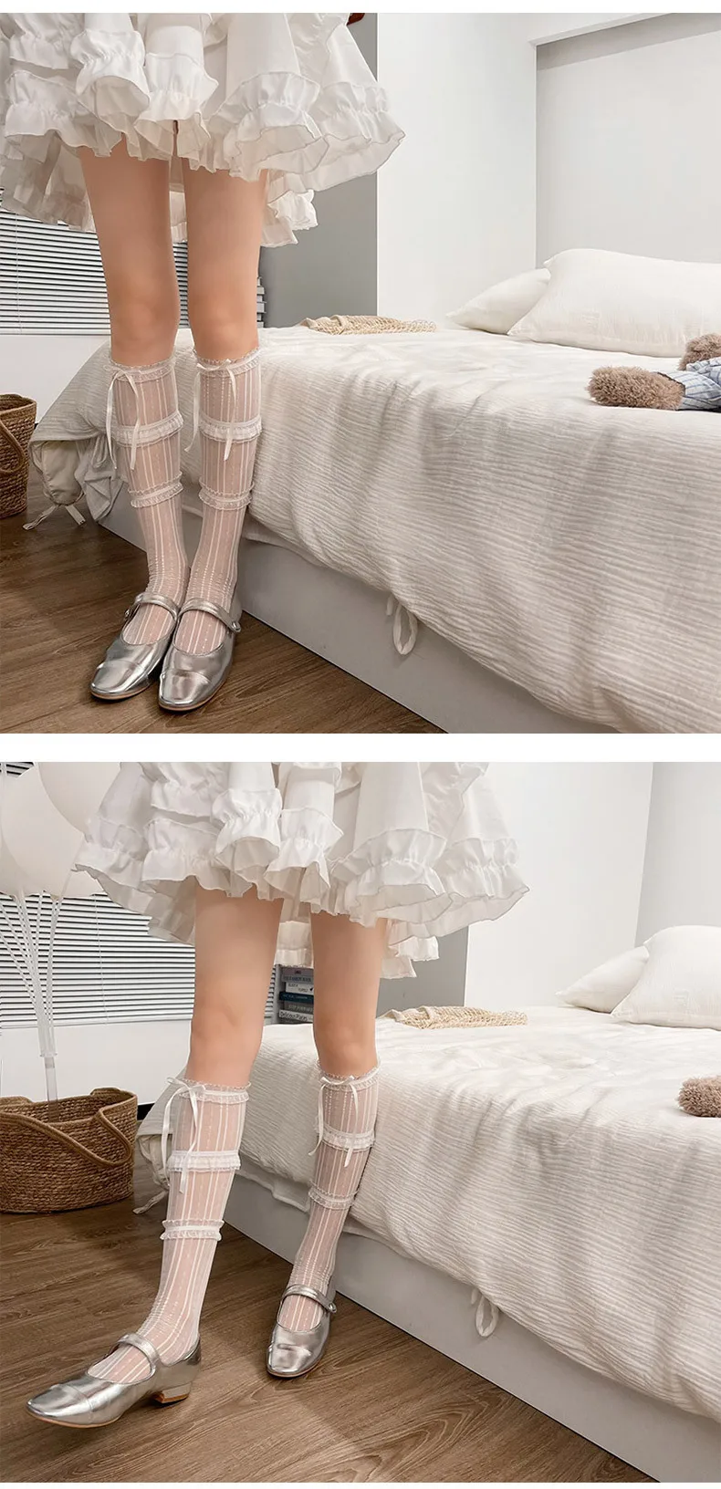 Women's Summer Spring Bow Lace Breathable Socks Black Sexy Stocking Sweet Style Lolita Knee High Socks Girls Gift Medias Kawaii