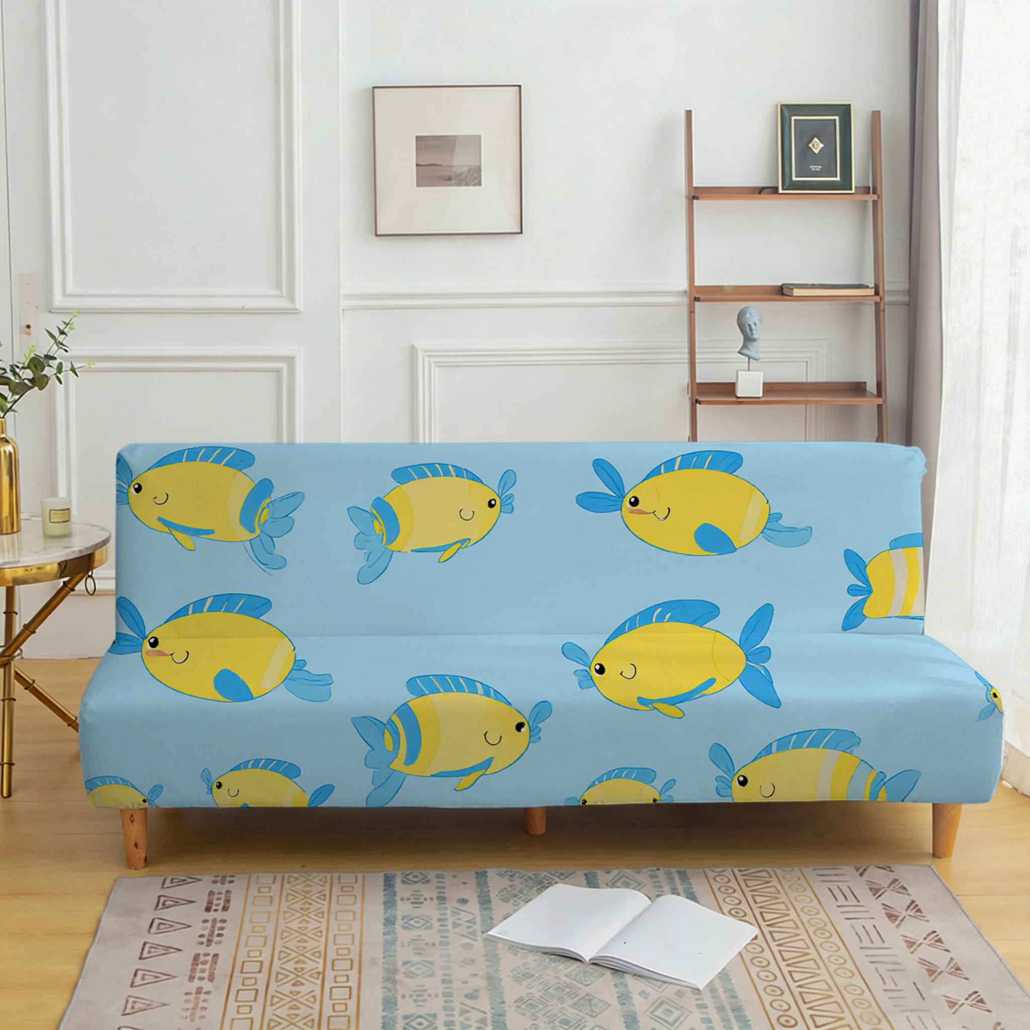 Cartoon fish sofa bedspread, elastic sleeveless sofa cover, dustproof and non-slip furniture protective cover, easy installation