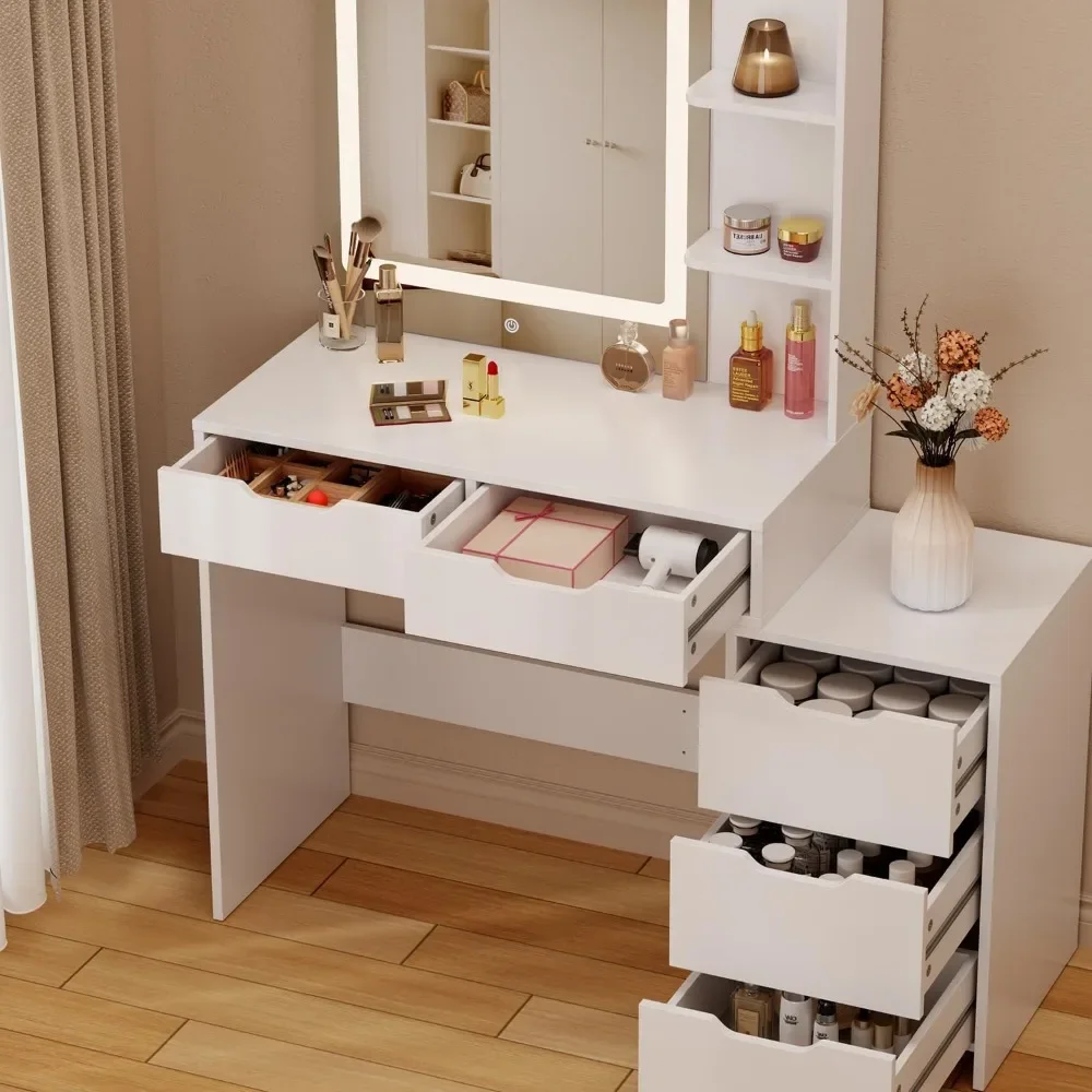 Aiho-Vanity Desk Maquiagem com Espelho e Luzes, 5 gavetas e prateleiras de armazenamento, 43,5 "Vanity Table