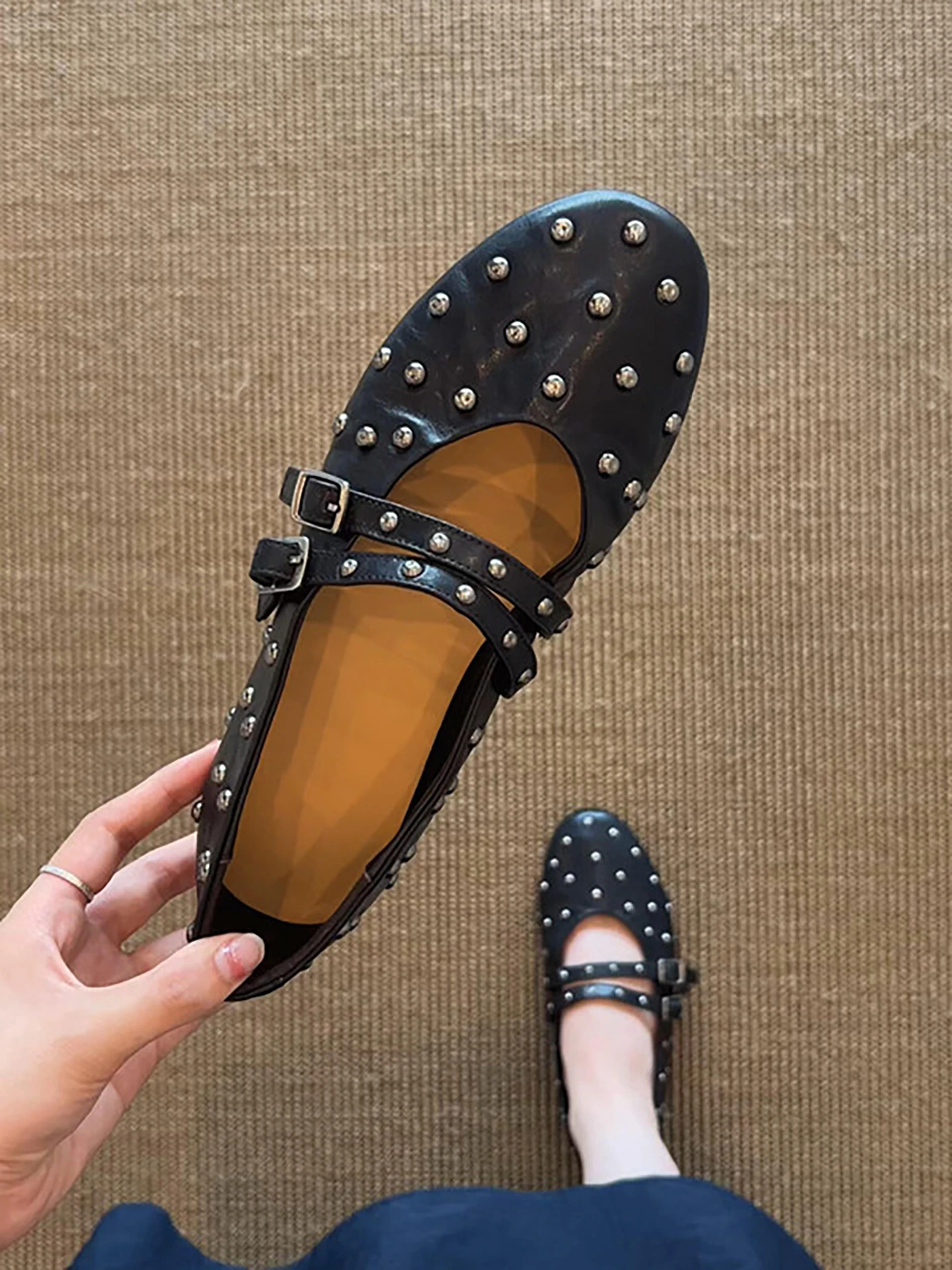 retro-style-mary-jane-ballet-flat-shoes-women's-spring-autumn-new-model-round-head-double-buckle-rivet-fashionable-flats