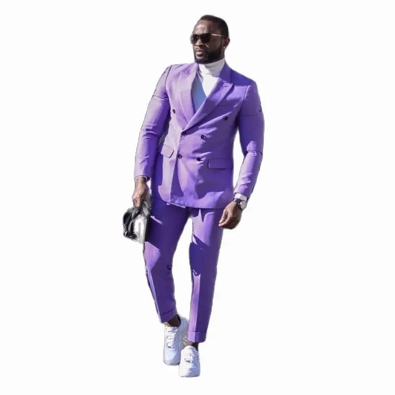 Latest Summer Purple Men Suit Slim 2 Piece Custom Double Breasted Wedding Groom Clothes Out fit Casual Daily Set Blazer Pants