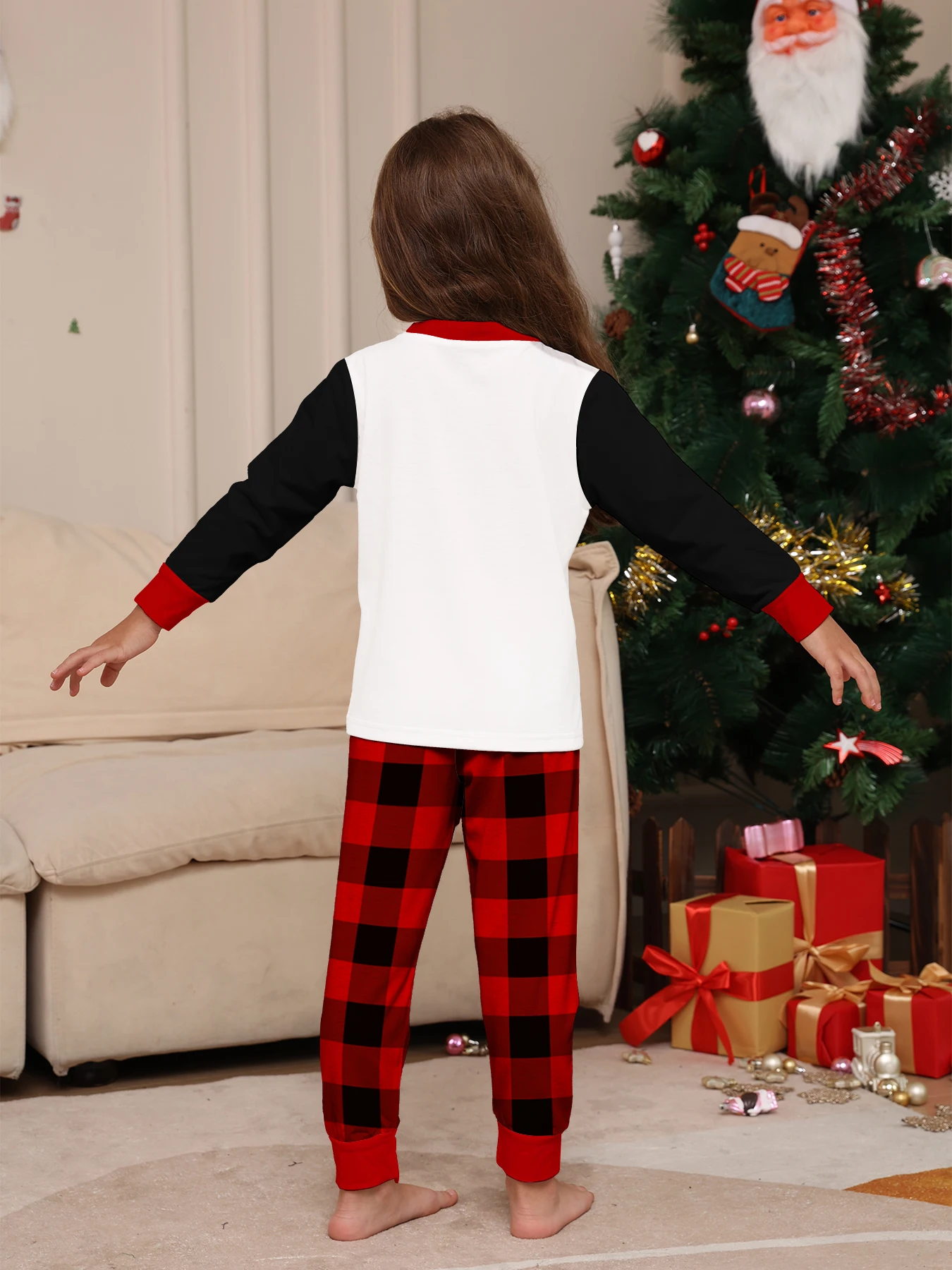 طقم بيجامات عيد الميلاد للأطفال سانتا كلوز مع أضواء حمراء وسوداء منقوشة مطبوعة ملابس نوم للأولاد والبنات