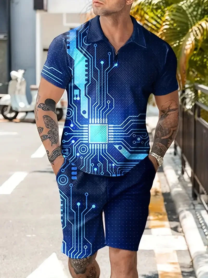 

Summer Men Short Sleeve Sets Fashion Zip Polo Tops Shorts 2 Piece Outfit Men's Social Shirts Suit Casual Hip Hop Street Clothing