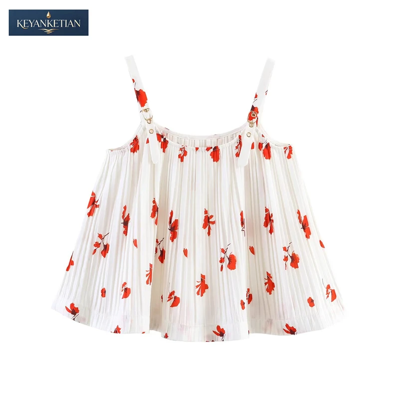 

KEYANKETIAN 2026 Summer Romantic Coquette Floral Pleated Cami Top Loose Fit Adjustable Buckle Straps & Red Flower Print Vest