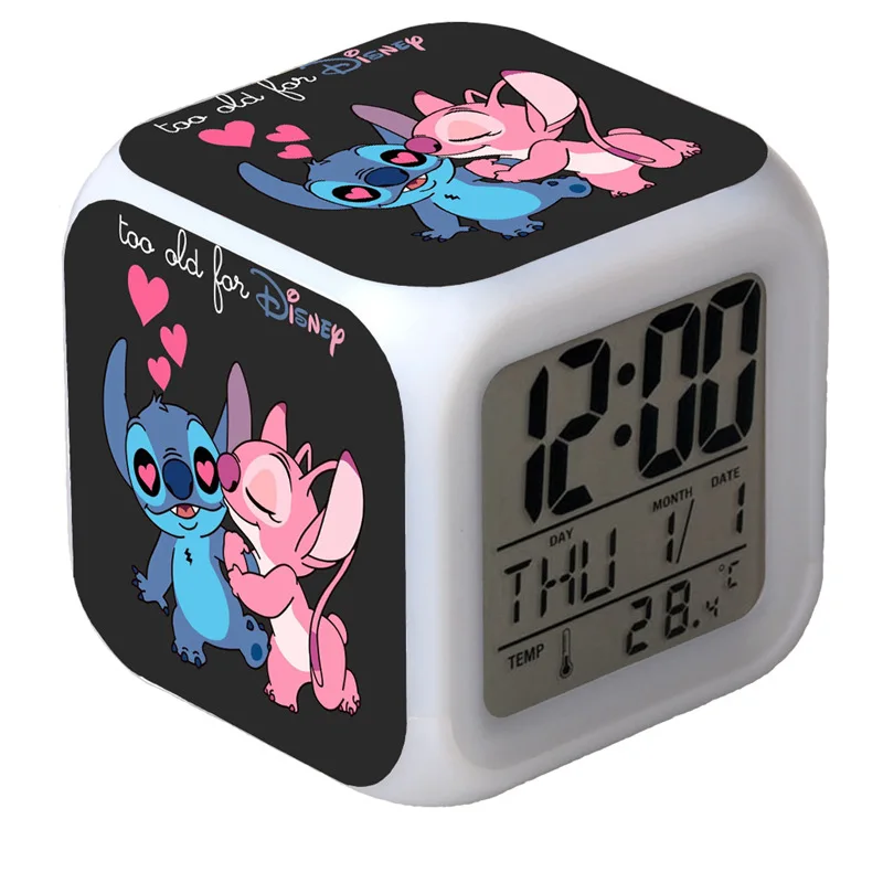 Cute Lilo&stitch Disney Cartoon Alarm Clock Discoloration Luminescence LED Digital Light Cartoon Figure Toys Kids Birthday Gifts