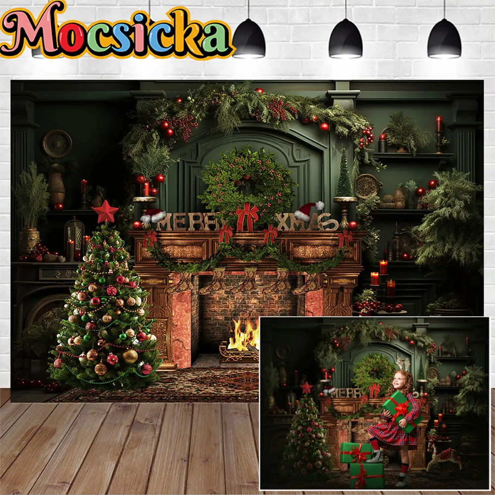 

Merry Xmas Backdrop Vintage Fireplace Decor Green Wall Christmas Tree Gifts Booth Background Children Family Portrait Photocall