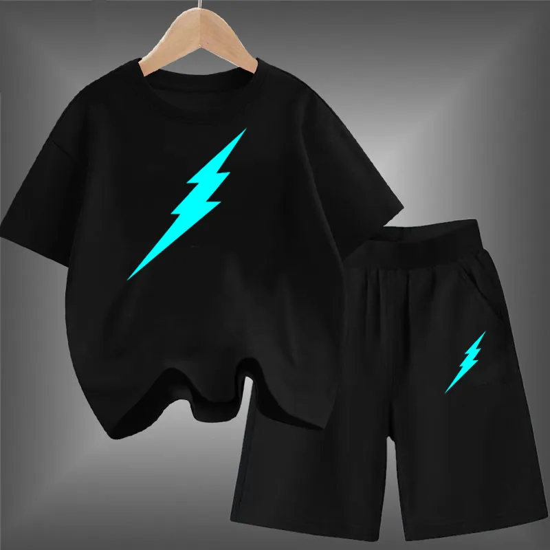 Kids Summer Brand 2pcs Short Sleeve T-shirts+Short Pants Suits 3-14 Years Boys Girls Casual Outfits Children Luminous Clothes