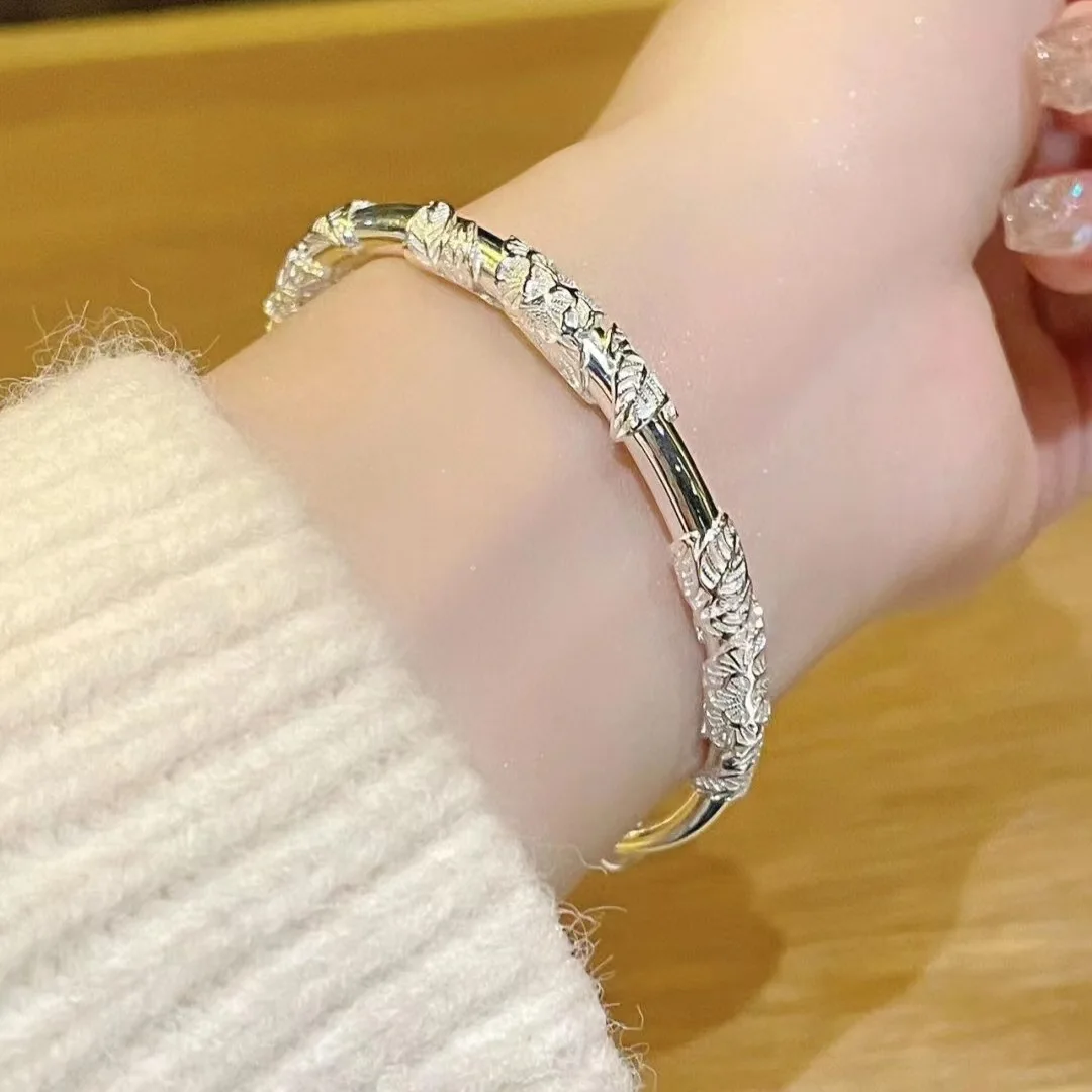 Adjustable Bracelets Bangles for Women Vintage Ethnic Style Carve Flower Leaf Charms Bangles Party Silver Color Jewelry Gift