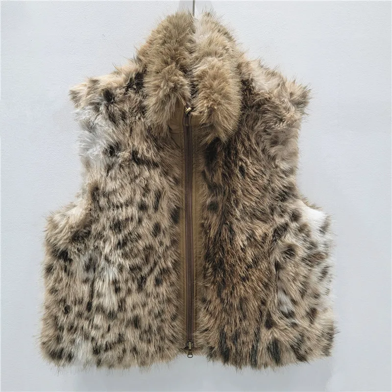 

Women Faux Fur Short Coats Vests Jackets Turn Down Collar Leopard Print Coat Y2k Streetwear Jacket Elegant Vest Autumn Winter