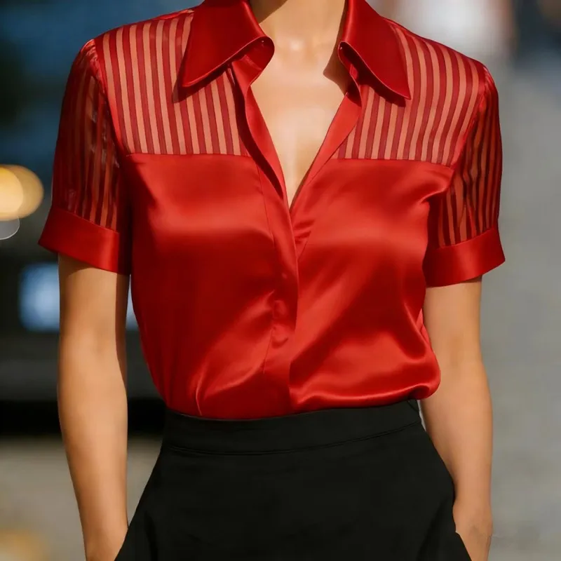 

Women's Satin Shirt Top Patchwork Gauze 2026 Summer Solid Color Perspective Versatile Lapel Short-sleeved Blouse Office Lady