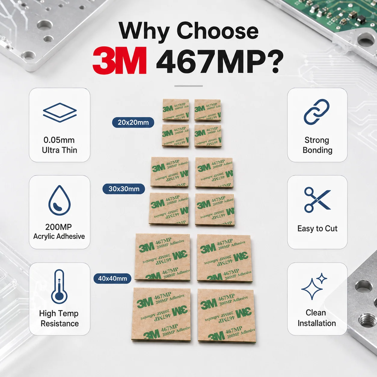 3M 467MP Adhesive Transfer Squares 0.05mm 200MP High Temp Double Sided Tape for Electronics Metal Acrylic 20/30/40mm 10PCS