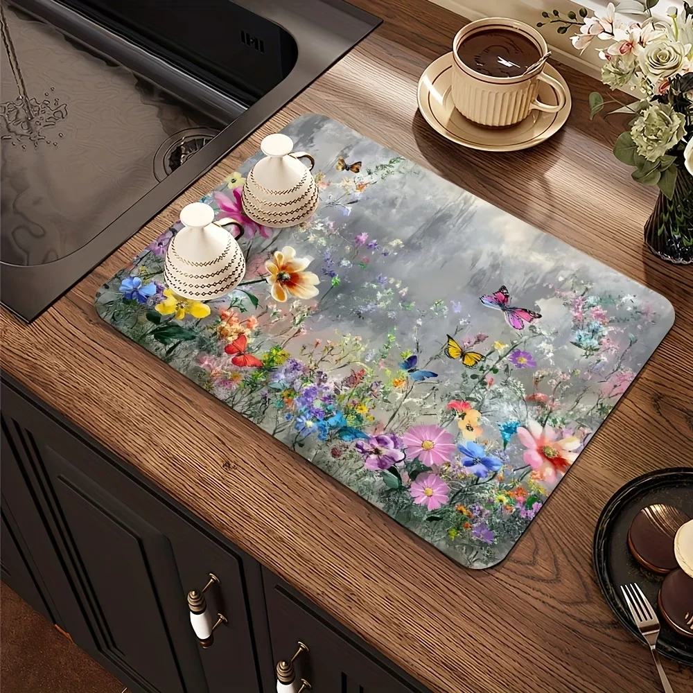 Aquarell-Stil Saugfähige Matte Pflanzen-Blumen-Abtropfmatte Küchen-Geschirr-Trockenmatte Rutschfester Teppich Geschirrunterlage