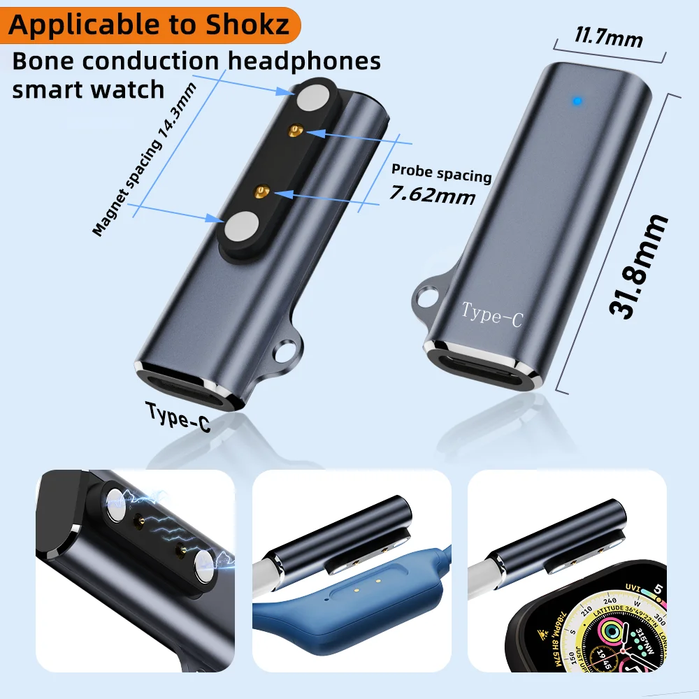 Suitable for Shokz Devices Bone Transfer Headset/smart Watch Charging Adapter USB-C To 7.62MM 2-pin/4-pin Magnetic Charging Port
