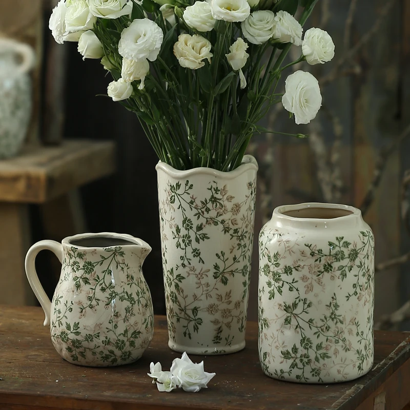 Grande vaso floreale in ceramica verde Vintage per soggiorno tavolo da pranzo decorativo per la casa composizione floreale creativa idroponica