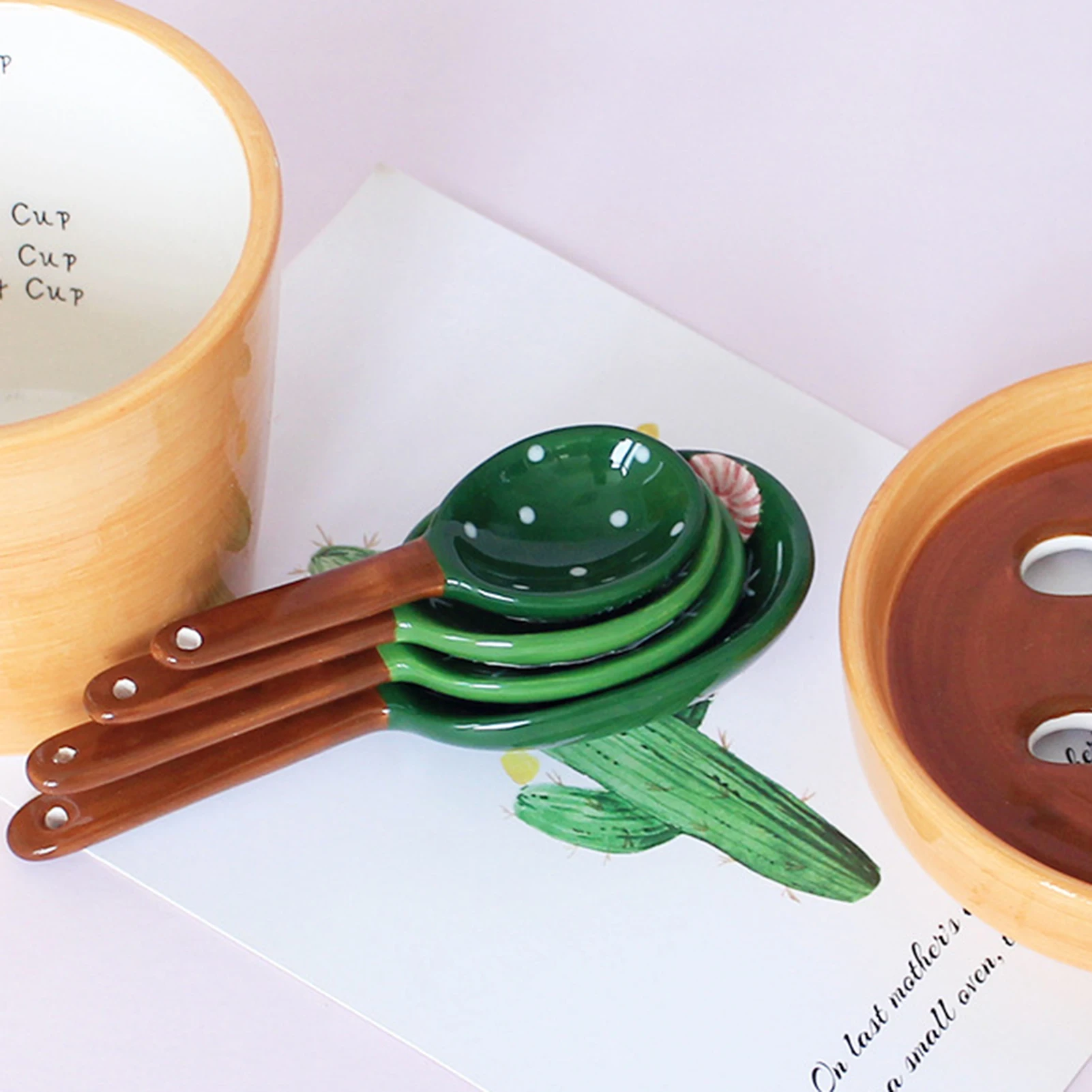 Cartoon Cactus Measuring Spoons Set Baking Tool with Holder Stand asuring Dry and Wet Baking Ingredients