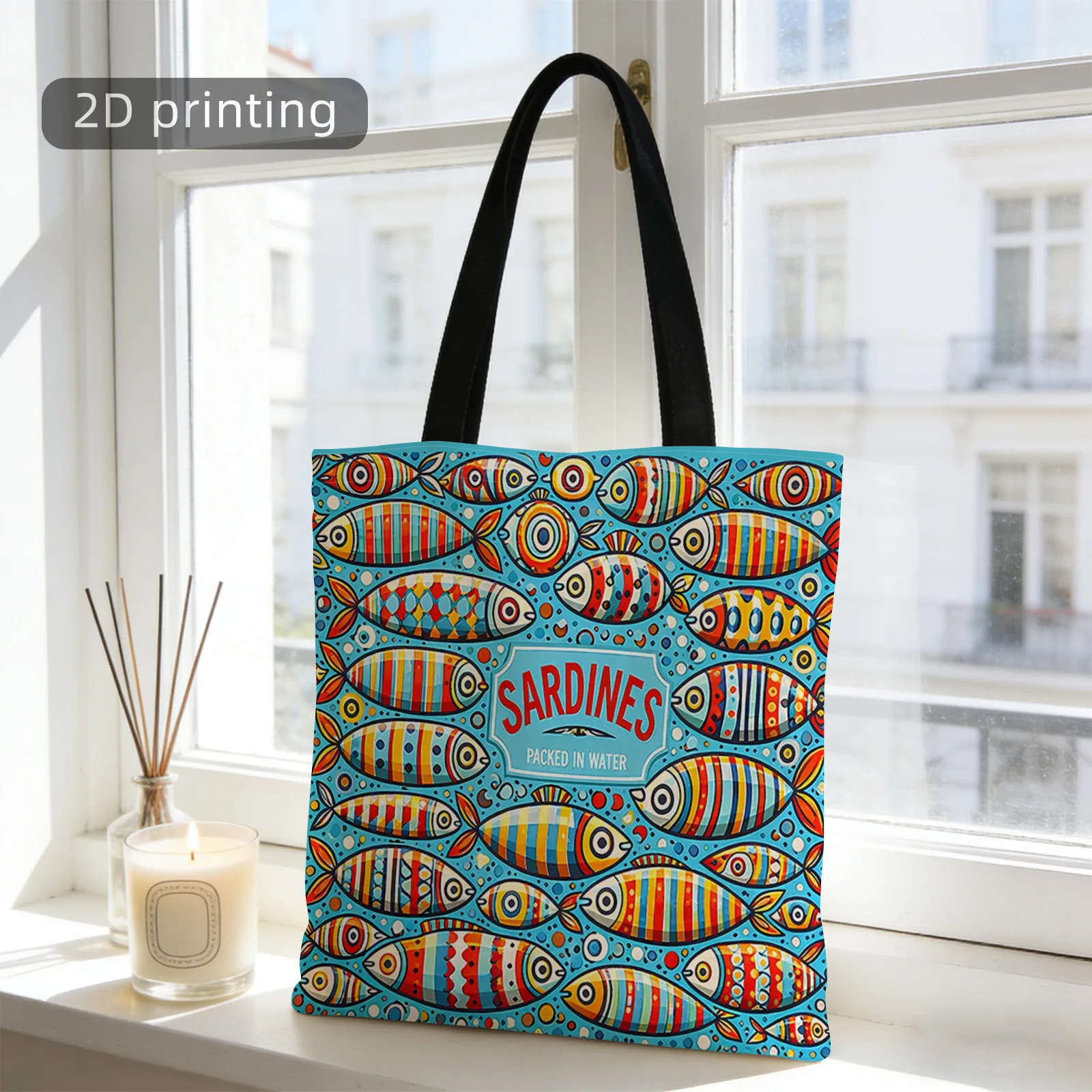 2d Printed Tote Bag Sardines Water Fish Colorful Patterns Label Reusable Shoulder Bag Tote Bag Shopping Bag Suitable Shopping