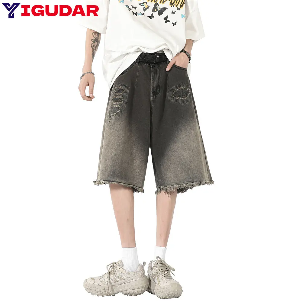 

Men's Denim Shorts With Holes Washed Korean Style Straight Quarter Patch Casual Jeans bermuda masculina pantalones cortos