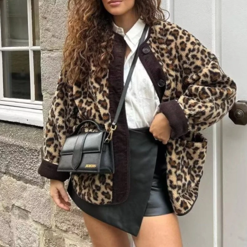 

Autumn Single Breasted Leopard Print Cardigan Casual Spliced Single Breasted Women'S Clothing Vintage Knitted Sweater Coat Femme