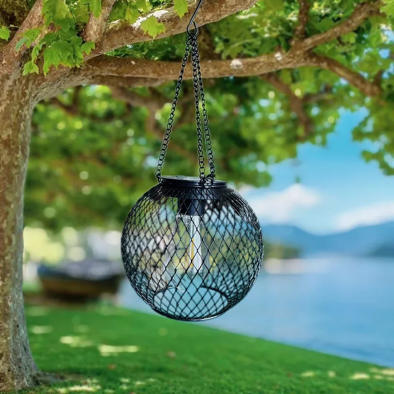 LED Wrought Iron Solar Bulb Mesh Lamp, Hanging Type Waterproof Outdoor Metal Light for Courtyard Garden Patio Landscape Decor