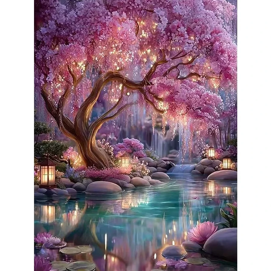 DIY Japanese Cherry Blossom Tree Diamond Painting Waterfall Stream Stone Lantern Wall Decor Handmade Art Exquisite Gift