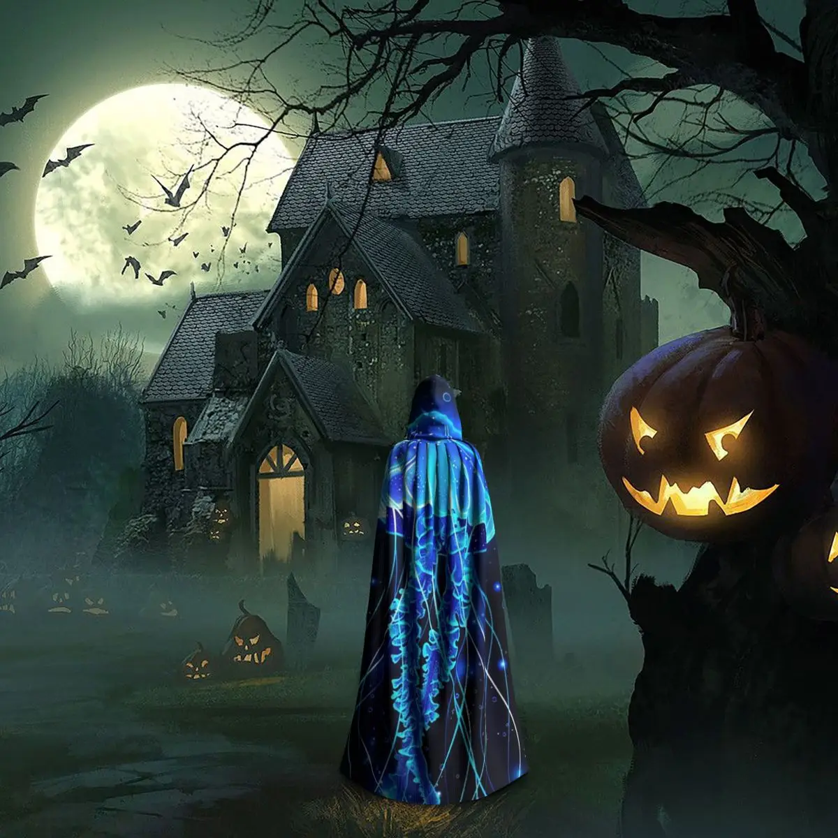 ماجيك متوهجة قنديل البحر تحت الماء طويل مقنع عباءة ساحرة القرون الوسطى زي تأثيري كيب هالوين مصاص دماء الكبار للجنسين