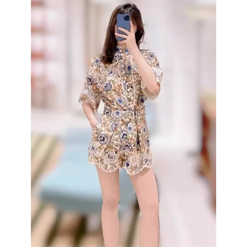 

2024Spring and Summer New Australian Fashion Brand Breasted Hollow Embroidered Short-Sleeved Shirt Women's Top Shorts Fashion Tr