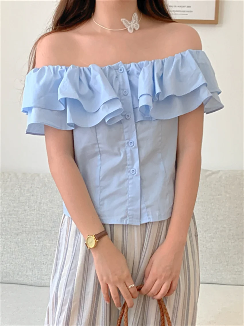 Alien Kitty Summer Ruffles Shirt Women Slash Neck Slim Flying Sleeve 2024 Daily Sweet Office Lady High Street Chic Gentle Mujer